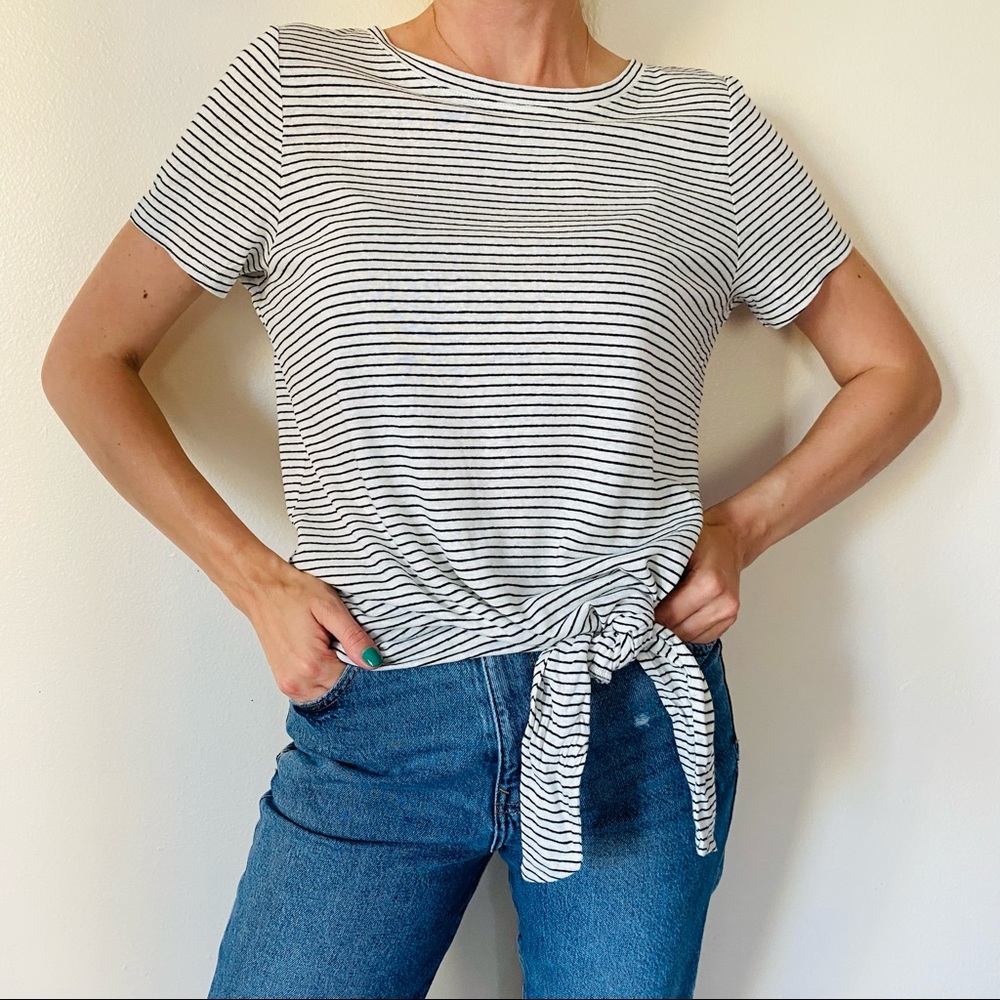 New Lauren Ralph Lauren linen Striped T-Shirt front knot top
